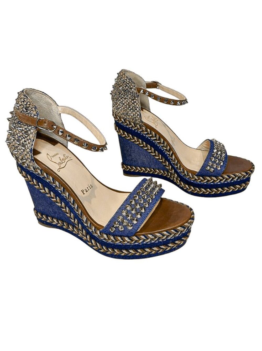 Christian Louboutin Madmonica Denim Studded Espadrille Wedge Sandals EU 39